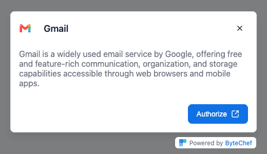 ByteChef hosted connect page showing the Gmail ConnectDialog with an Authorize button
