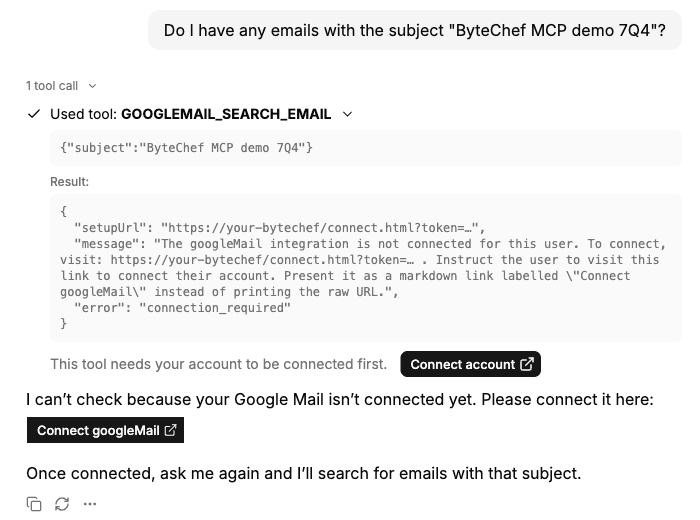 MCP Chat tool call returning connection_required, with a Connect account button and the assistant's Connect googleMail link