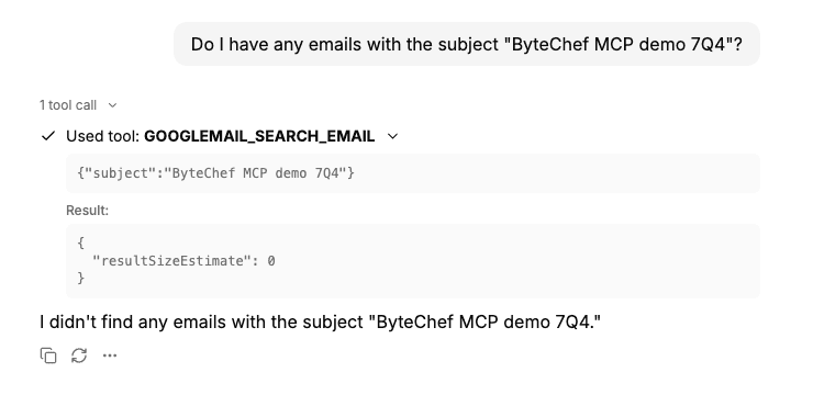 Sample app MCP Chat showing a GOOGLEMAIL_SEARCH_EMAIL tool call with its input and result