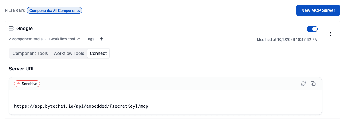 MCP server Connect tab, next to Component Tools and Workflow Tools, showing the Server URL with the secret key replaced by a placeholder