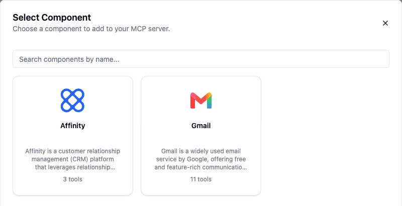 Select Component dialog listing Affinity and Gmail with their tool counts