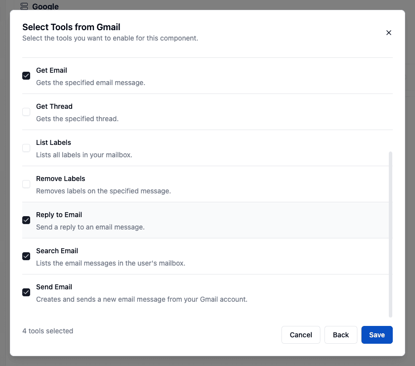 Select Tools from Gmail dialog with Get Email, Reply to Email, Search Email and Send Email checked