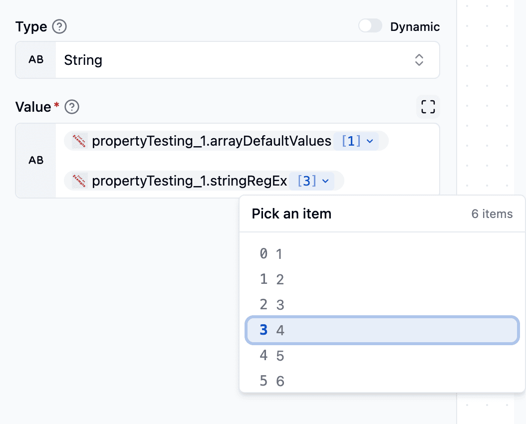Picking an array item from a data pill A data pill with a clickable index control, opening the Pick an item popover